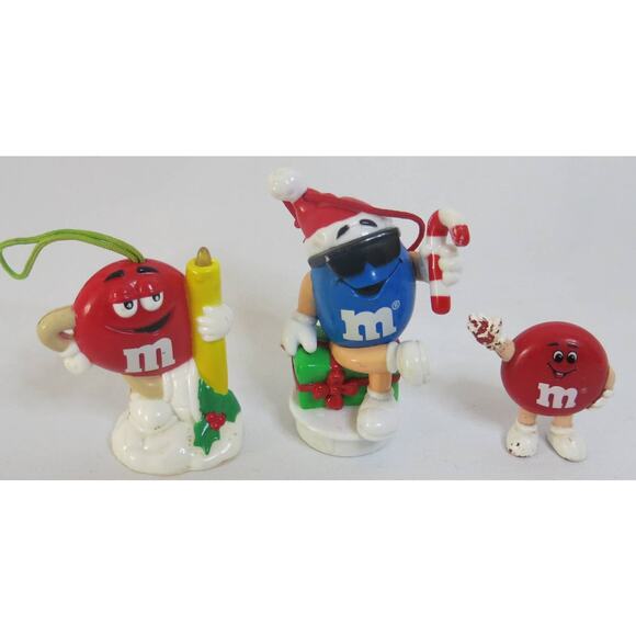 Vintage M&M'S CHRISTMAS Ornaments Red Blue Collectible Decor Set of 3 1990 Candy - Picture 2 of 13